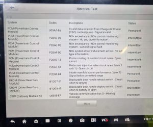 Diagnostic scan showing Range Rover fault code P25A9-13 for piston cooling oil control circuit open